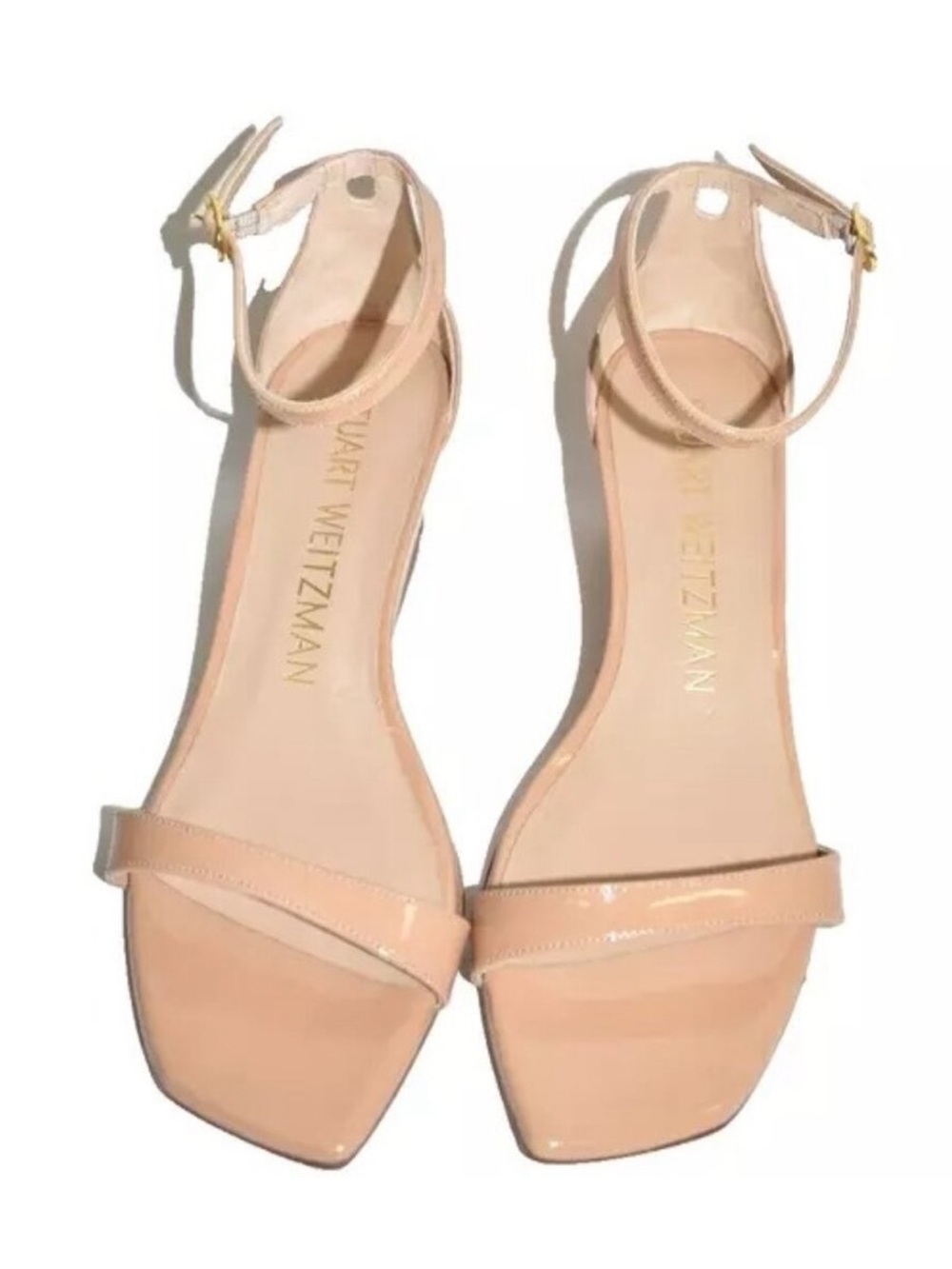 Stuart Weitzman Patent Nude/Tan Wedge Sandal with Ankle Strap